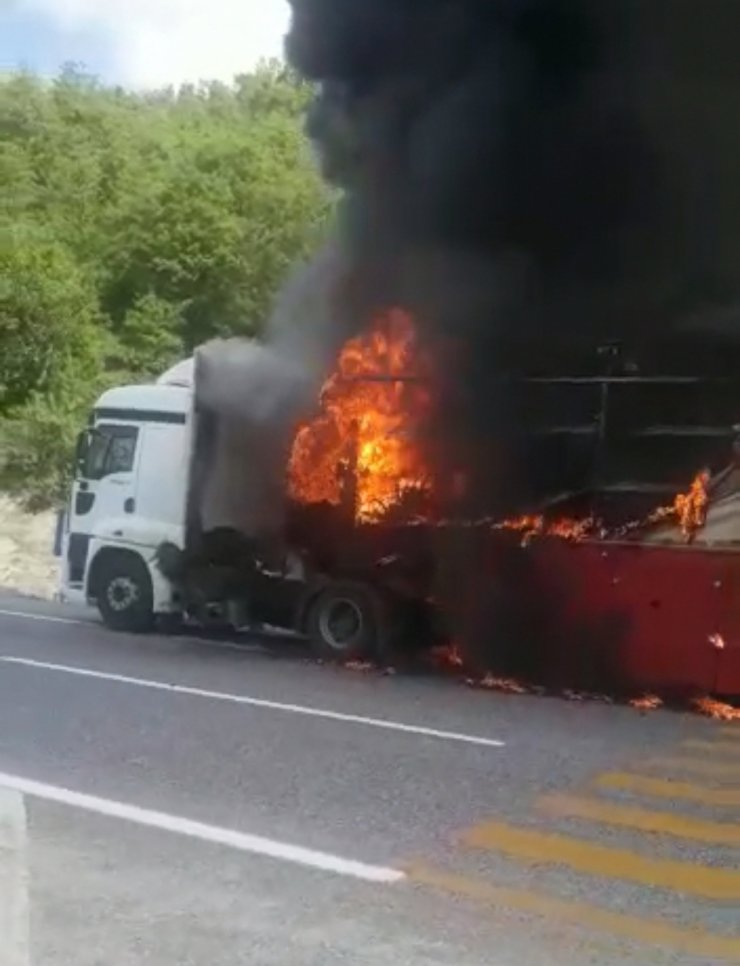 Cam yüklü TIR, alev alev yandı