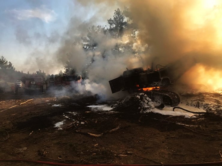 Seyreltme yapılan ormandaki iş makinesi alev alarak küle döndü