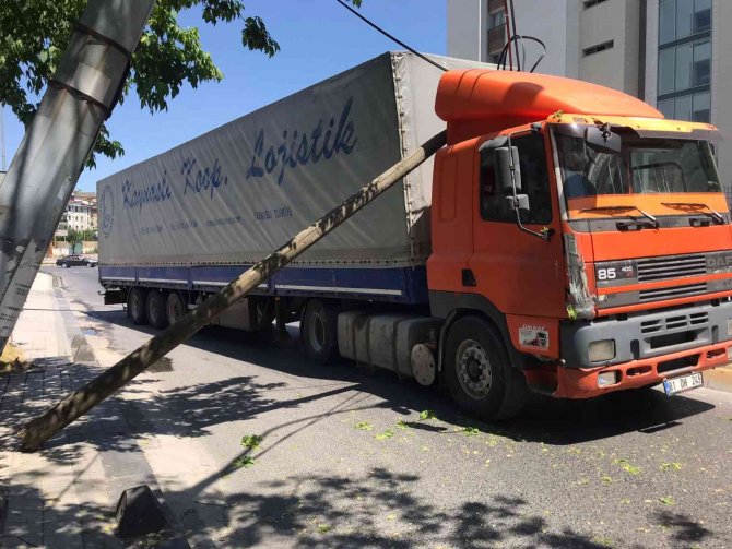 Tır, elektrik direklerini ve bir ağacı devirdi
