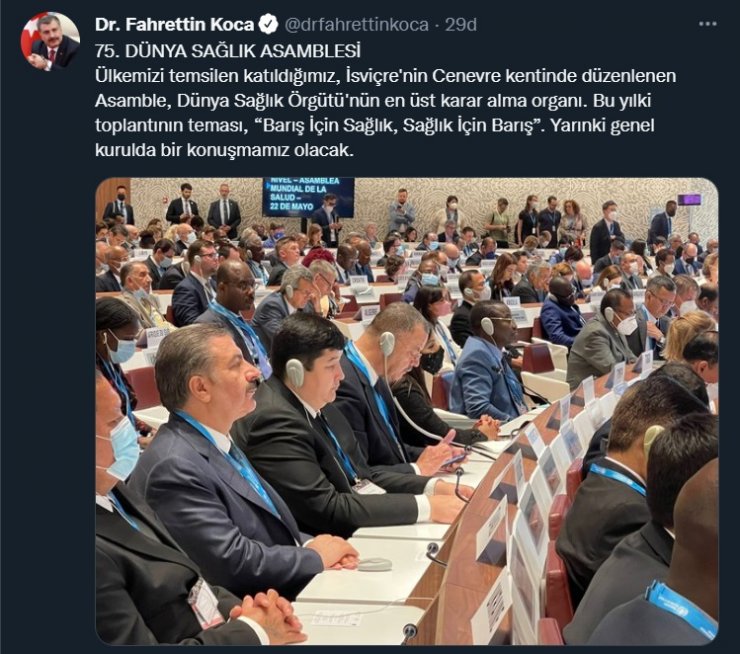 Bakan Koca, 75'inci Dünya Sağlık Asamblesi'nde konuşacak