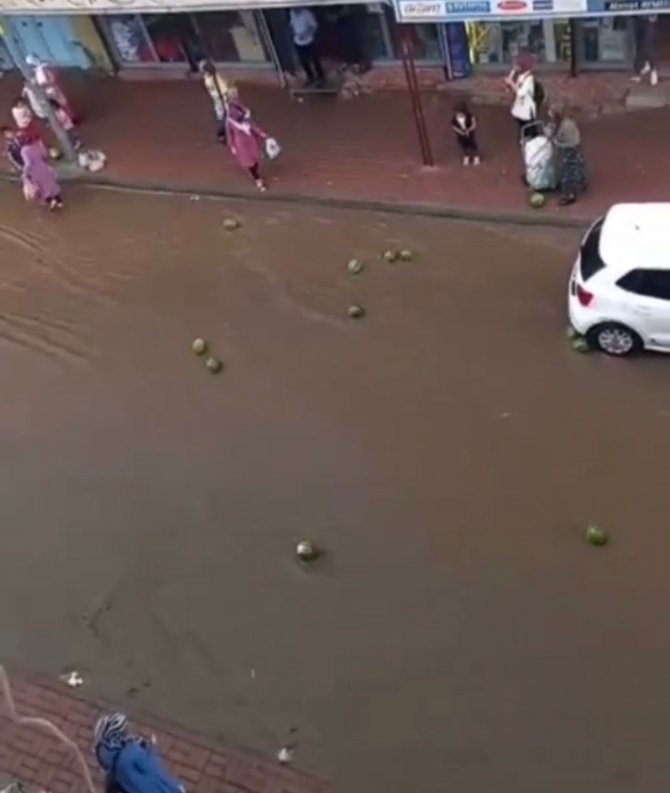 Selde sürüklenen karpuzları vatandaşlar kurtarmaya çalıştı