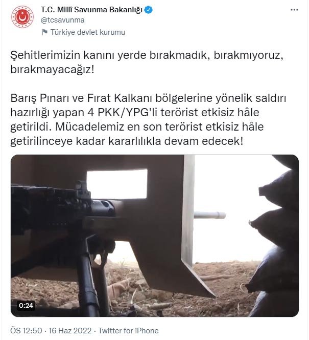 MSB: PKK/YPG'li 4 terörist etkisiz hale getirildi
