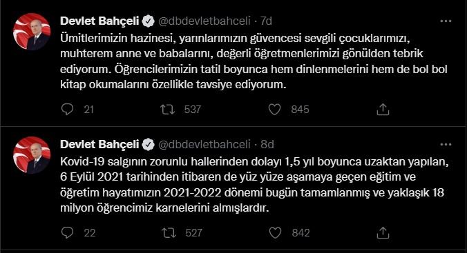 Bahçeli'den 'karne' mesajı