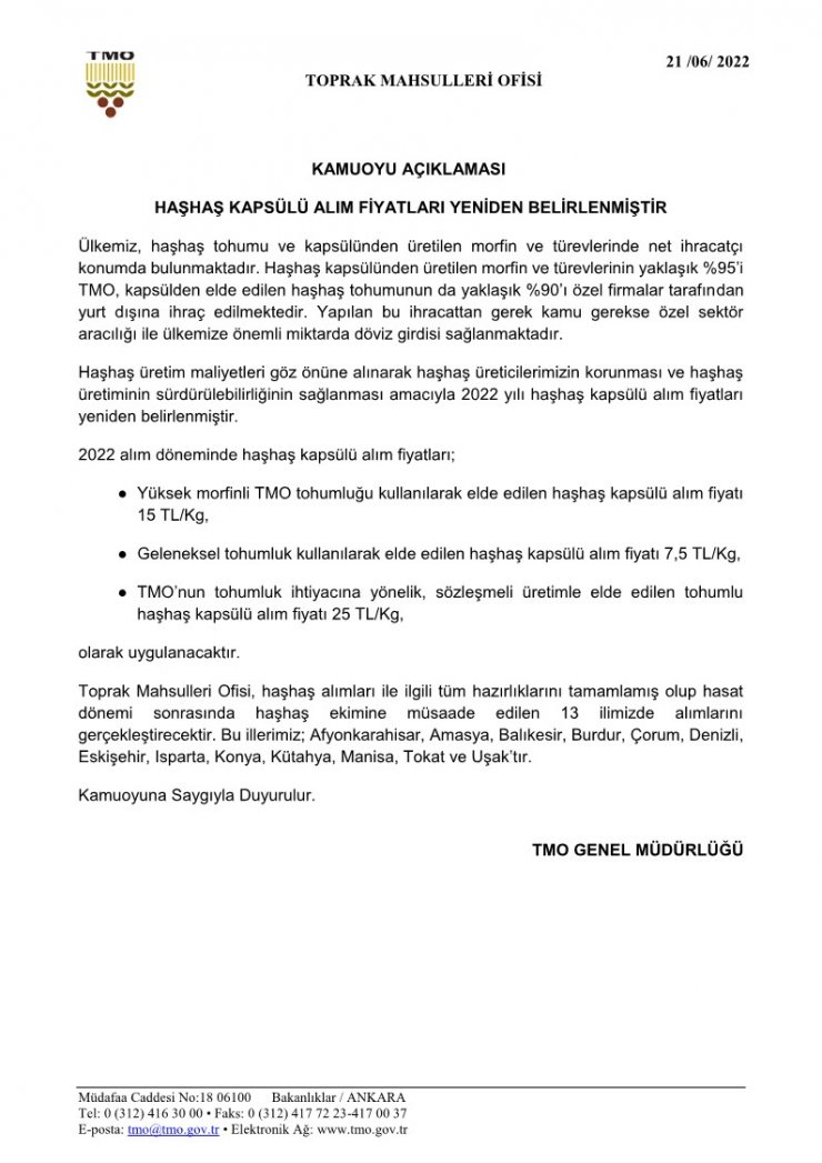 TMO'dan haşhaş kapsülü alım fiyatları hakkında açıklama