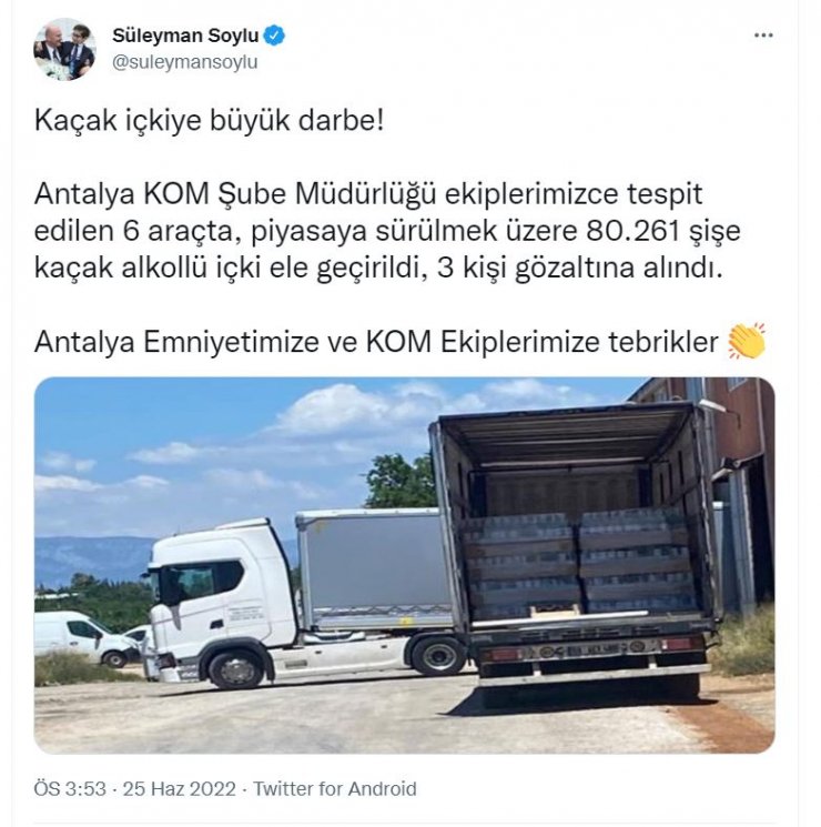 Bakan Soylu: Antalya'da 80 bin 261 şişe kaçak içki ele geçirildi