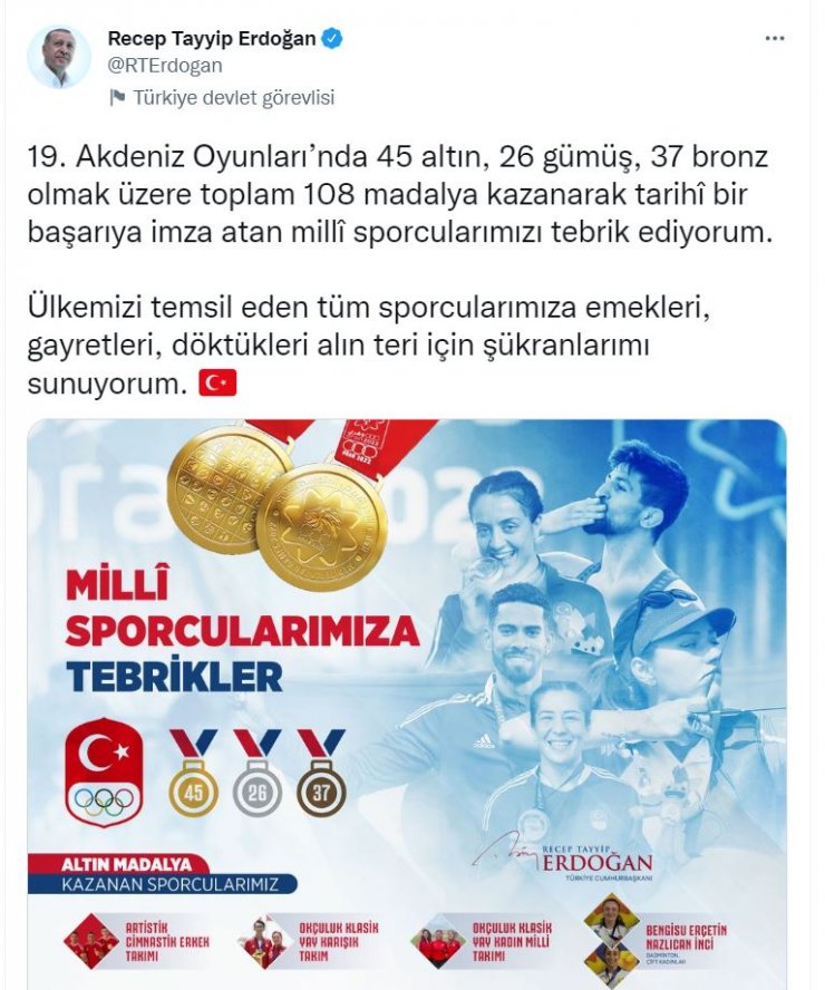 Cumhurbaşkanı Erdoğan'dan milli sporculara tebrik