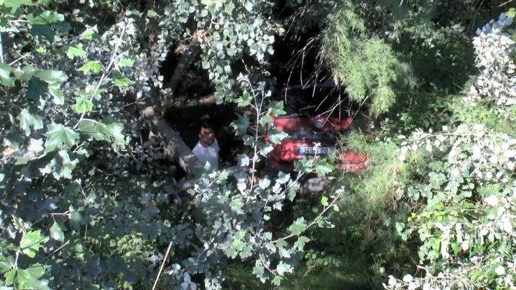 Dereye düşen otomobilden burunları bile kanamadan çıktılar