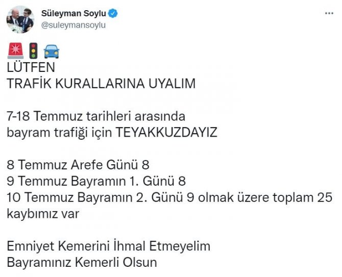 Soylu: “7-18 Temmuz tarihleri arasında bayram trafiği için teyakkuzdayız”