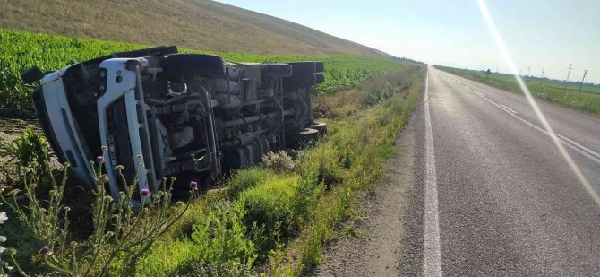 Kontrolden çıkan kamyon mısır tarlasına devrildi