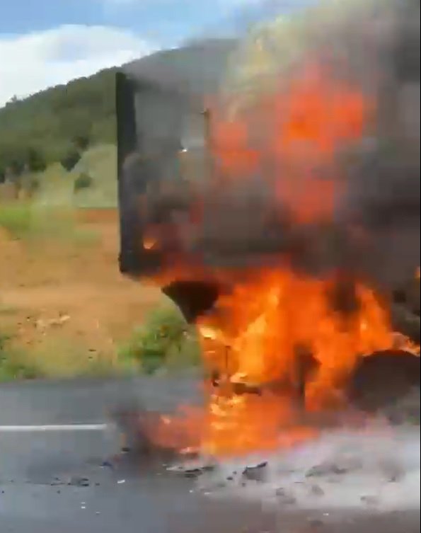 Seyir halinde alev alan TIR yandı