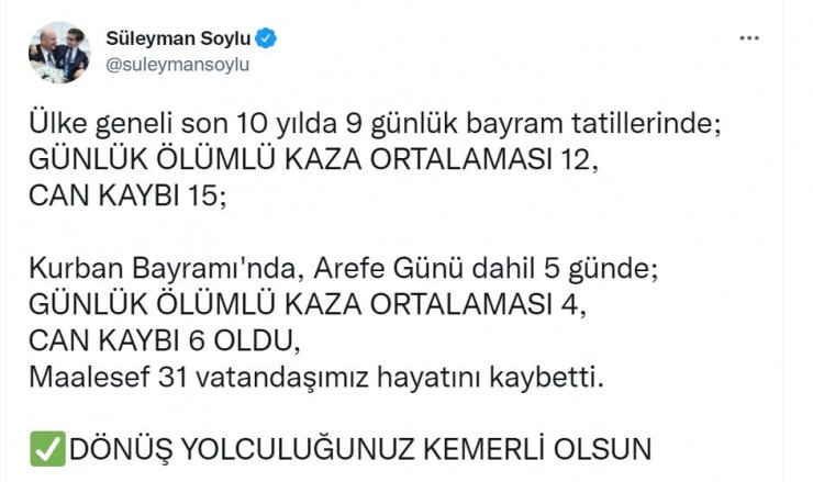 Bakan Soylu: Trafik kazalarında 31 kişi öldü