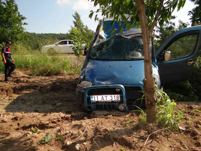 Kontrolden çıkan hafif ticari araç kiraz bahçesine uçtu