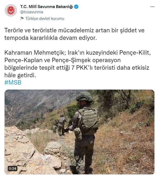 MSB: Irak'ın kuzeyinde 7 terörist etkisiz hale getirildi
