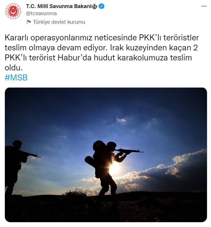 MSB: 2 PKK'lı terörist hudut karakoluna teslim oldu