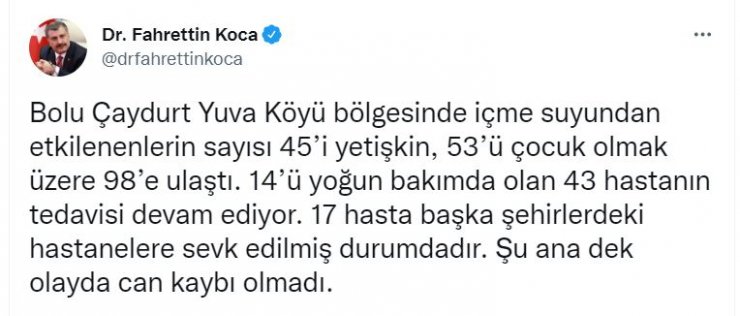 Bakan Koca: Bolu'da içme suyundan etkilenenlerin sayısı 98'e ulaştı