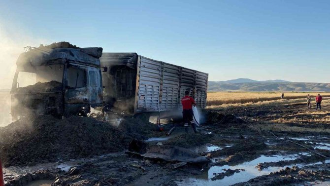 Tır alev alev yandı, dorsesindeki 30 ton buğday zarar görmedi
