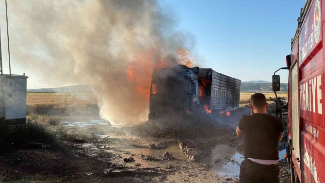 Tır alev alev yandı, dorsesindeki 30 ton buğday zarar görmedi
