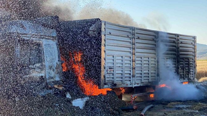 Tır alev alev yandı, dorsesindeki 30 ton buğday zarar görmedi
