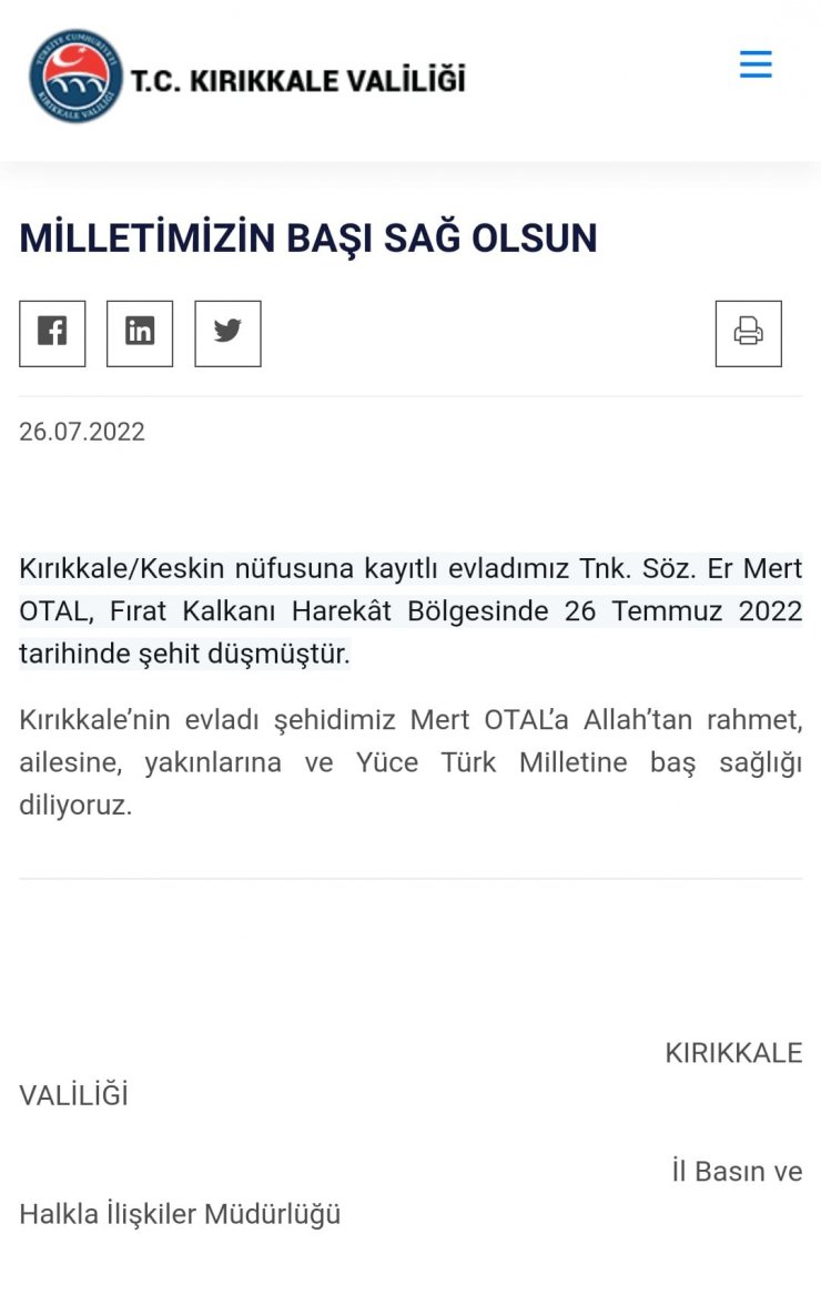 Kırıkkale'ye şehit ateşi düştü