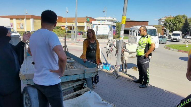 Sahibinin elinden kaçan arabaya koşulu at, otomobile zarar verdi