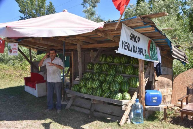 Yetiştirdiği organik karpuzları yol kenarında satıyor