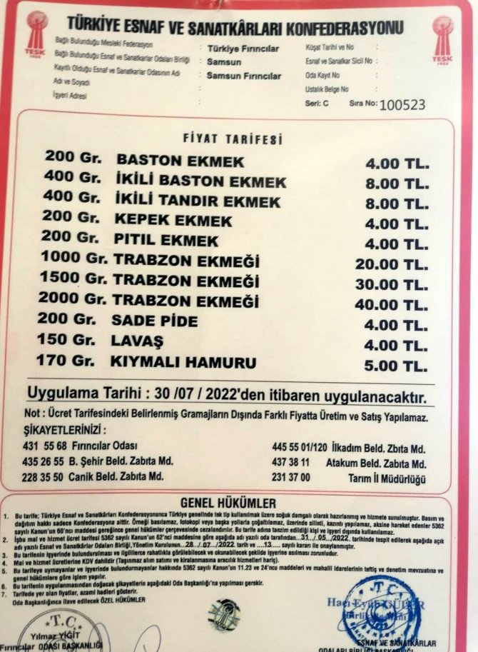 Samsun’da ekmeğe zam!