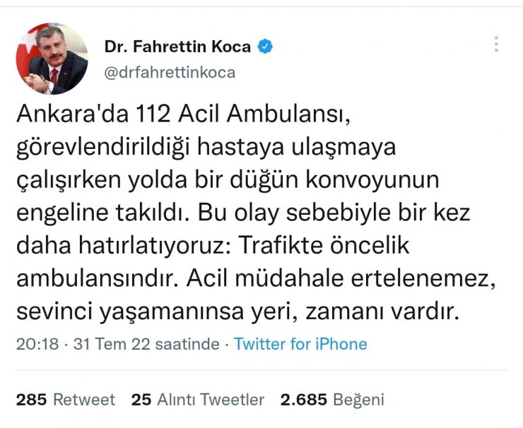 Düğün konvoyunda ambulansa engel olan 10 sürücüye 11 bin TL ceza