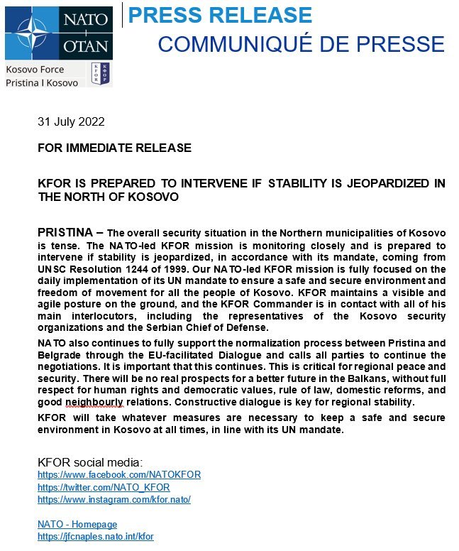 NATO Kosova Gücü: İstikrar tehlikeye girerse müdahale etmeye hazırız