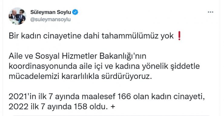 Bakan Soylu: 7 ayda 158 kadın cinayeti oldu