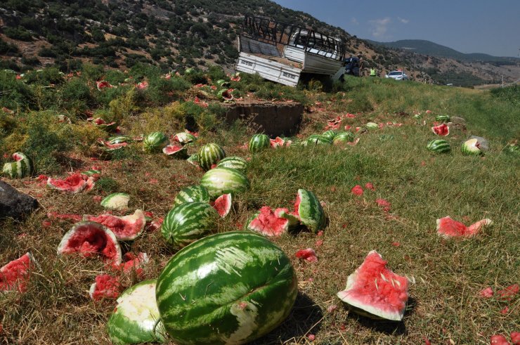 Şarampole devrilen kamyonetteki baba- oğul yaralandı, 3 ton karpuz çevreye saçıldı