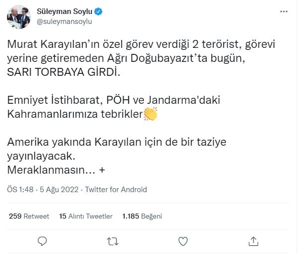 Bakan Soylu: Karayılan'ın özel görev verdiği 2 terörist etkisiz hale getirildi