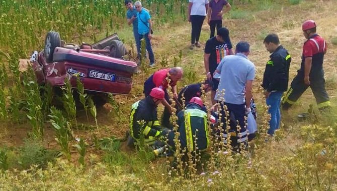 Yoldan çıkan otomobil tütün tarlasına uçtu