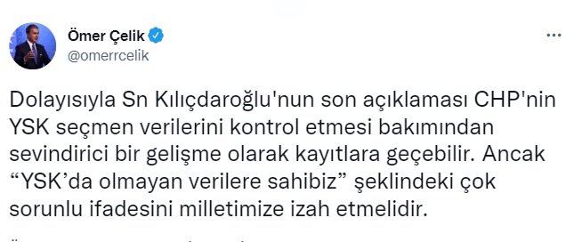 AK Parti'li Çelik: Kılıçdaroğlu'nun 'YSK'da olmayan veriler bizde var' demesi çok sorunlu bir ifadedir