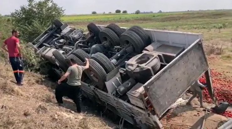 Adana'da domates yüklü kamyon şarampole devrildi