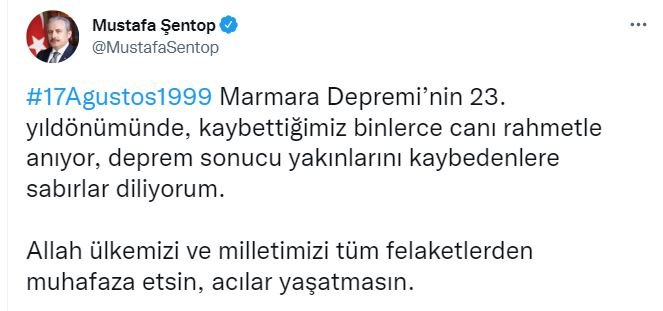 TBMM Başkanı Şentop'tan '17 Ağustos' mesajı