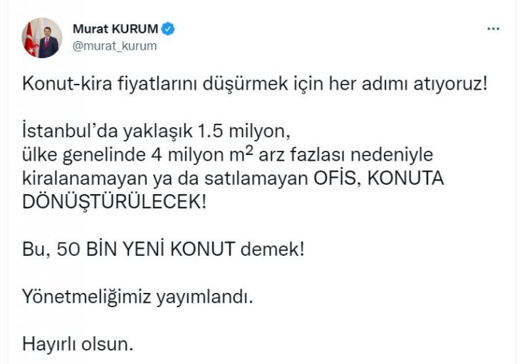 Bakan Kurum: Kiralanamayan ve satılamayan ofis, konuta dönüştürülecek