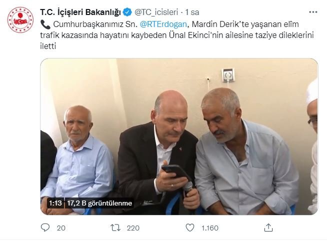 Cumhurbaşkanı Erdoğan'da, Mardin'deki kazada ölen Ekinci'nin ailesine taziye telefonu