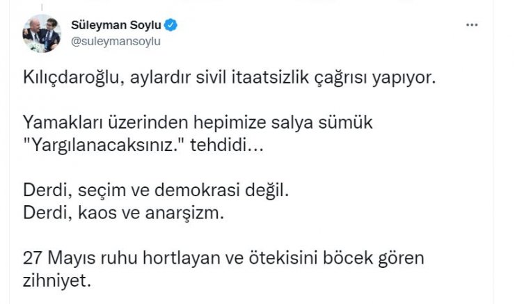Bakan Soylu: Kılıçdaroğlu'nun derdi, kaos ve anarşizm