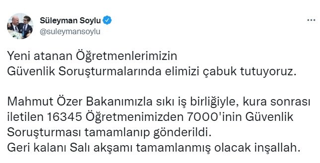 Bakan Soylu: 7 bin öğretmenin güvenlik soruşturması tamamlandı