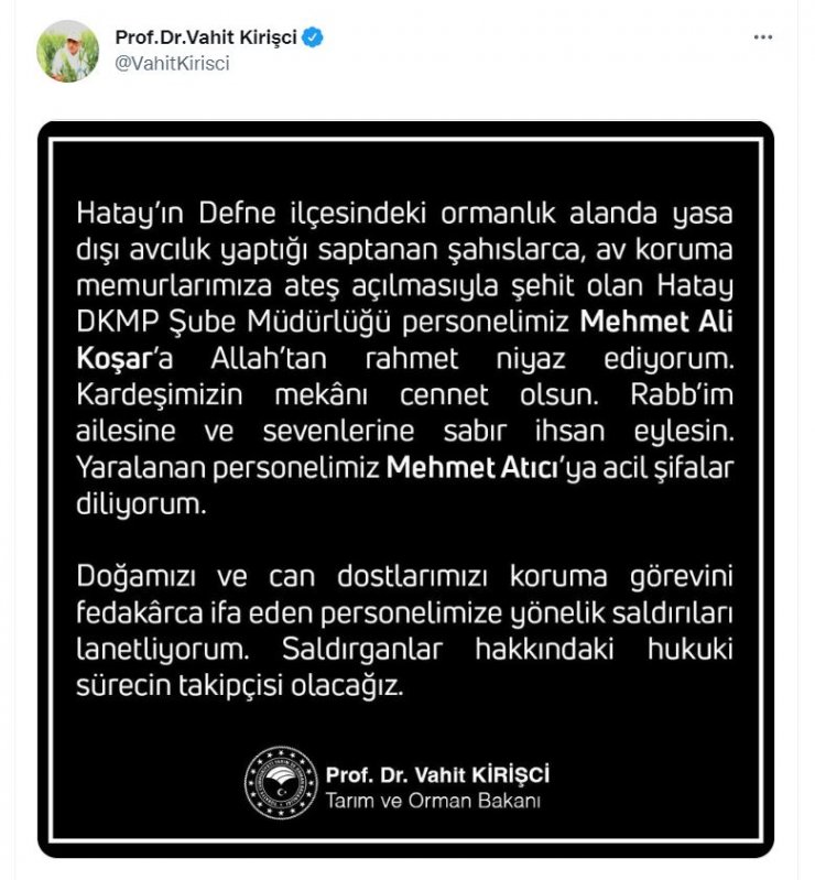 Bakan Kirişci'den av koruma memuruna yönelik saldırıya tepki
