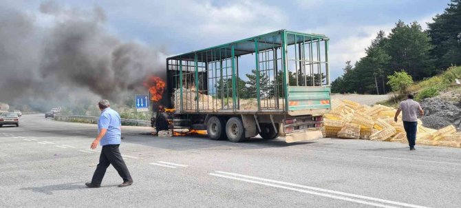 Seyir halindeki kamyon alev alev yandı
