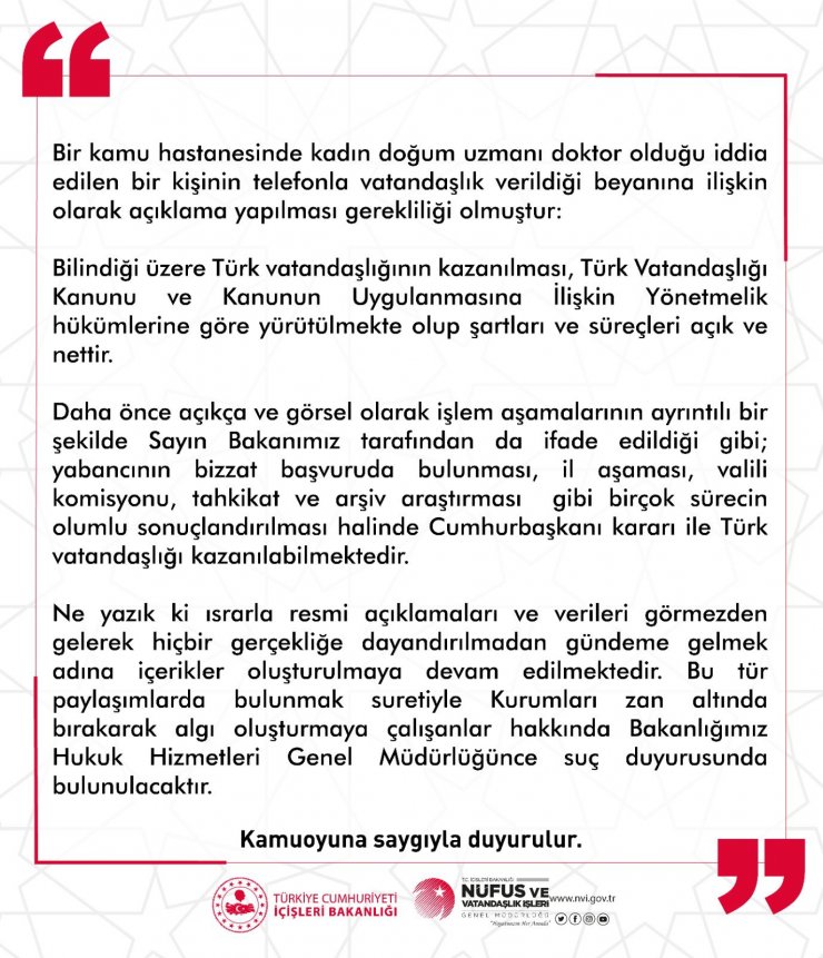 "Telefonla vatandaşlık verildiği iddiası hayal ürünüdür"