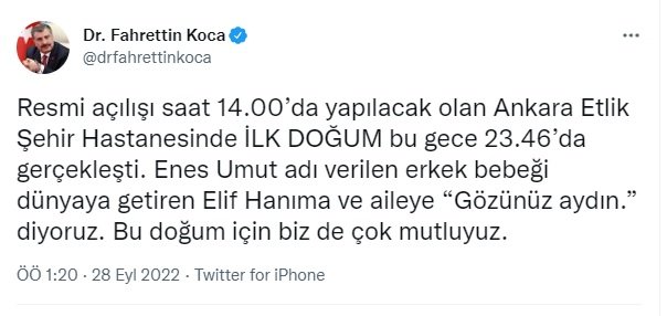 Resmi açılış öncesi Ankara Etlik Şehir Hastanesinde ilk doğum