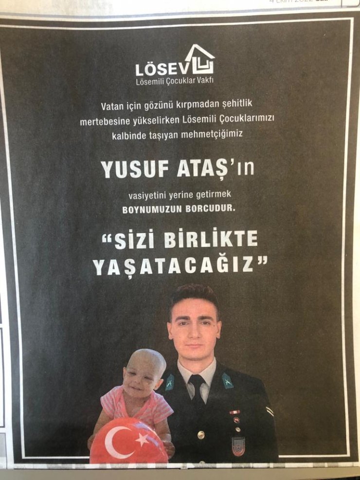 LÖSEV'den şehit Yusuf Ataş'ın vasiyeti için ilan: Sizi birlikte yaşatacağız