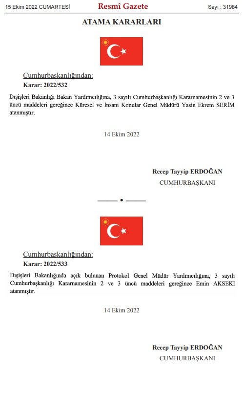 Dışişleri Bakan Yardımcılığına Yasin Ekrem Serim atandı