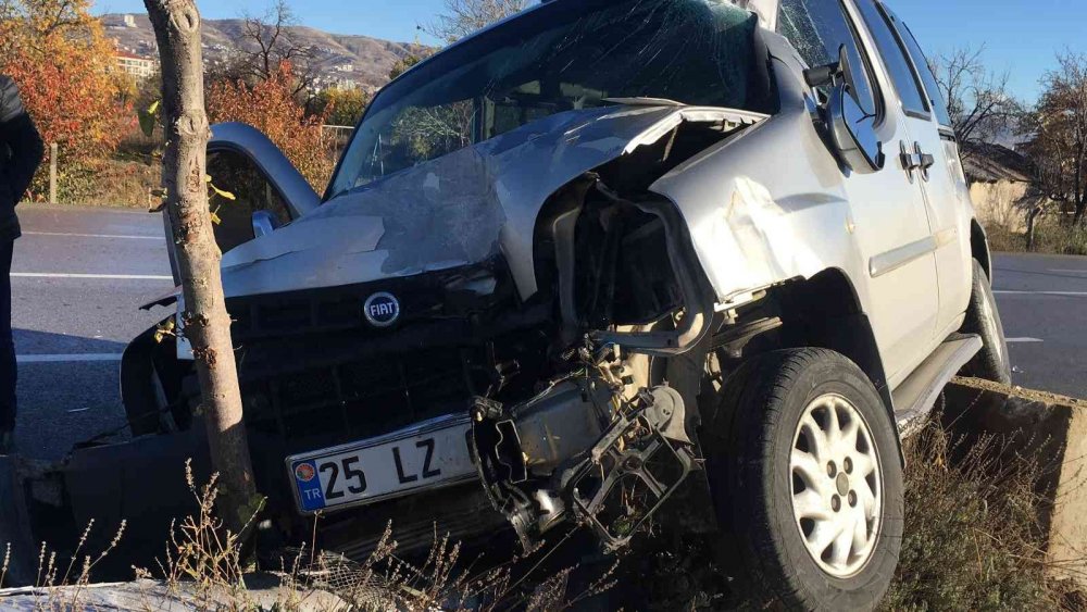 Ağaca çarpan araç asılı kaldı