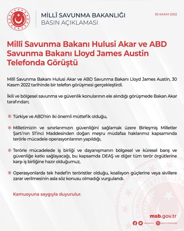 Bakan Akar, ABD'li mevkidaşı ile görüştü