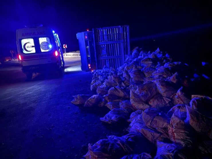 Kömür yüklü TIR devrildi, yaralılar var