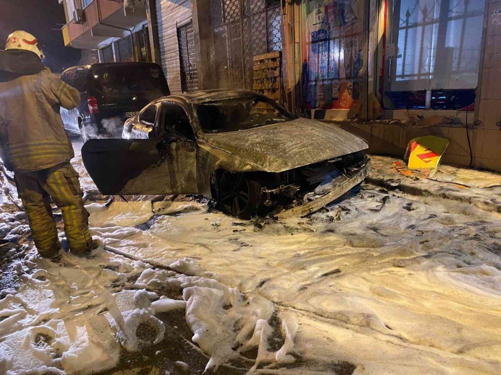 Park halindeki lüks otomobil alev topuna döndü