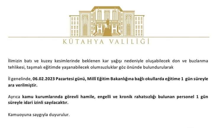 Kütahya’da okullara 1 gün ara verildi